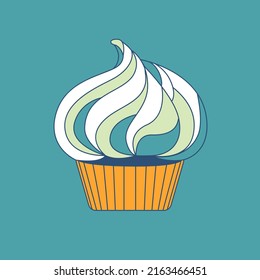 Vector isolated illustration of a creamy green cupcake on a teal background. Food dessert minimal art