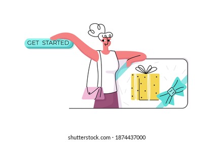 Vector isolated illustration CTA button. Woman is depicted, customer with enlarged gift card. You can use it in web design when working with CRO.