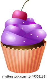 Vector isolated illustration of a cupcake with purple cream, a cherry on top and small decorations.
