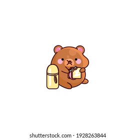 Vektor isolierte Illustration süßer Bär essen Snack Kaffee Break Sandwich Thermos picknic kawaii chibi japanischen Stil Emoji Charakter Aufkleber Emoji Lächeln Emotionen Maskottdesign