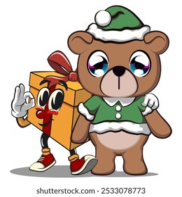 vector isolated illustration of cute bear cartoon mascot being christmas elves with gold gift box with a red ribbon, work of hand drawn