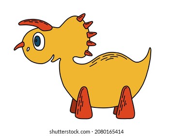 Vector isolated illustration with cute bright dinosaur. Cartoon kids character in yellow and red colors. Nice illustration for print, poster, card, decor.