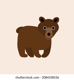 Vector isolated illustration with cute brown bear in flat simple style on beige background. Children's bright color picture, hand-drawn print. A collection of cartoon kind, funny, smiling animals.