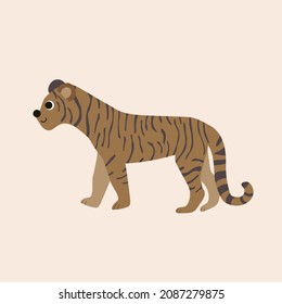Vector isolated illustration with cute  brown tiger in flat simple style on beige background. Children's color picture, hand-drawn print. Cartoon kind, funny, smiling animals. Gentle baby card.