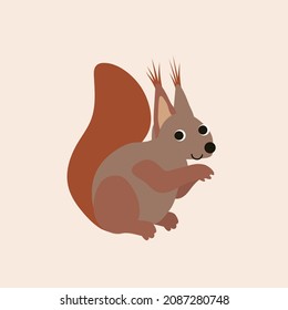 Vector isolated illustration with cute  brown squirrel in flat simple style on beige background. Children's  color picture, hand-drawn print. Cartoon kind, funny, smiling animals. Gentle baby card.