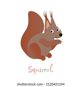 Vector isolated illustration with cute brown squirrel in flat style on white background. Children's bright color picture, hand-drawn print. Cheerful cartoon alphabet, сhildren's education, animal name