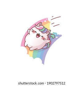 Vektor einzelne Illustration süß Cat Kitty Kitten reiten Regenbogen Glück Freude kawaii chibi japanischen Stil Emoji-Charakter Aufkleber Emoji Lächeln Emotionen Maskottanimation Website Motion Design