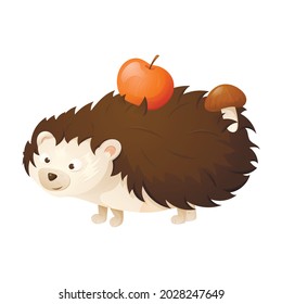 Vector isolated illustration of cute character baby hedgehog. Wild cartoon forest animal carries apple and mushroom in needles.