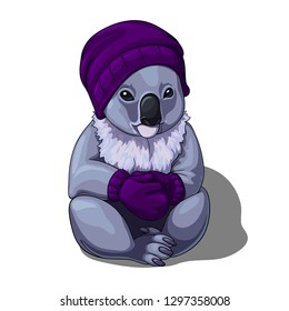 Vector isolated illustration of a cute coala wearing warm winter hat and mittens