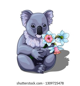 Vector isolated illustration of a cute coala holding bouquet of fresh flowers