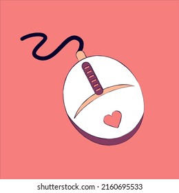 Vector isolated illustration of a cute computer mouse on a coral red background. Sketch decorative black contour. Minimal style