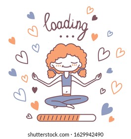 Vector isolated illustration of a cute curly girl in leggings and a top, surrounded by hearts, sits in a lotus position and meditates. Caption Loading. Image for yoga sites, waiting for page loading.