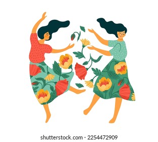 Vector isolated illustration of cute dancing women. Happyl Women s Day concept for card, poster, banner and other use