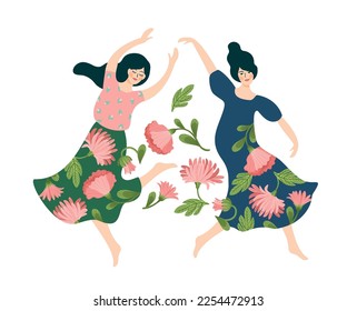 Vector isolated illustration of cute dancing women. Happyl Women s Day concept for card, poster, banner and other use