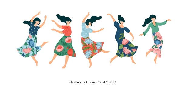 Vector ilustra de forma aislada a las adorables bailarinas. Concepto del Día de la Mujer de la Felicidad para uso en tarjetas, carteles, pancartas y otros usos