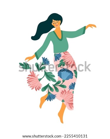 Vector isolated illustration of cute dancing woman. Happy Women s Day concept for card, poster, banner and other use