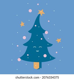Dibujo vectorial aislado de un lindo personaje de árbol de Navidad decorado en un fondo lila. Vacaciones de invierno, celebración. Feliz Año Nuevo, Feliz Navidad. Pino, abeto, abeto