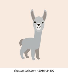 Vector isolated illustration with cute gray lama, baby alpaca in flat simple style on beige background. Children's  color picture, hand-drawn gentle print. Cartoon kind, funny, smiling animals. 