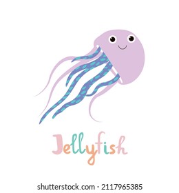 Vector isolated illustration with cute jellyfish, medusa in flat style on white background. Children's bright color picture, hand-drawn print. Cheerful cartoon alphabet, exercise, name, sea, ocean.