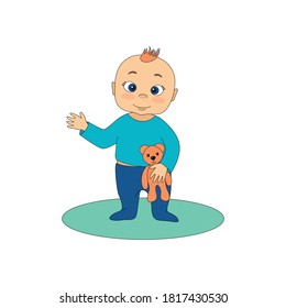 Ilustración aislada del vector. Pequeño chico lindo parado con juguete de oso y saludando a la mano