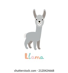 Vector isolated illustration with cute llama, alpaca in flat style, white background. Children's bright color picture, hand-drawn print. Cheerful cartoon alphabet, сhildren's education, animal name.
