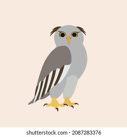 Vector isolated illustration with cute owl in flat simple style on beige background. Children's bright color picture, hand-drawn print. A collection of cartoon kind, smiling bird. Forest predator.