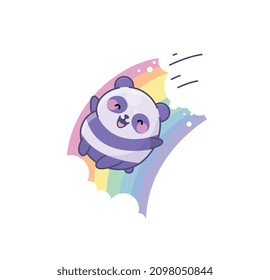 Vector isolated illustration cute Panda cub Logo riding rainbow happiness joy kawaii chibi Japanese style Emoji character sticker emoticon smile emotion mascot design