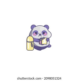 Vector isolated illustration cute Panda cub Logo snack coffee break sandwich thermos picnic kawaii chibi Japanese style Emoji character sticker emoticon smile emotion mascot design