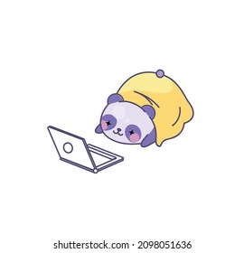 Vektor isolierte Illustration süße Panda-Cupe Logo liegen beim Betrachten von Laptop-Film kawaii chibi japanischen Stil Emoji-Charakter Aufkleber Emoji Lächeln Emotionen Maskottdesign