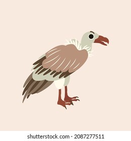 Vector isolated illustration with cute predatory bird, vulture in flat simple style on beige background. Children's bright color picture, hand-drawn print. A collection of cartoon kind, funny, birds