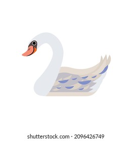Ilustración vectorial aislada con cisne lindo en un estilo plano simple sobre fondo blanco. Imagen de color brillante para niños, impresión a mano. Una colección de dibujos animados tipo pájaro sonriente. 