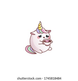 Vector isolated illustration cute unicorn good morning cup of coffee pleasure kawaii cartoon Japanese style Emoji character sticker emoticon smile emotion mascot animation web newsletter motion design