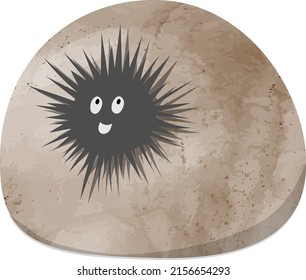 Vector isolated illustration with cute urchin on rock in cartoon childisch style. Kind, funny, smiling animals for children.