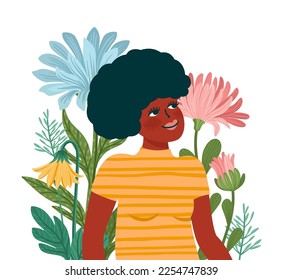 Vector isolated illustration of cute woman with flowers. International Women s Day concept for card, poster, flyer and other use