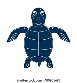 Vector isolated illustration in dark blue sea turtle. Icon. A cartoon style. Image of marine flora and fauna. Element of the logo. Can be used as pictures in the book. The idea for a toy.