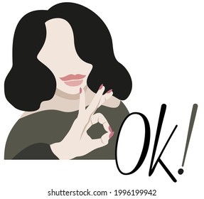 Vector isolated illustration of dark-haired woman, who shows hand gesture, that everything is OK.