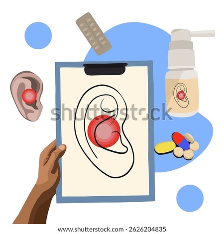 Vector isolated illustration of diagnosing ear pain.Ear diseases. Diagnosis of the disease. Otitis. Otolaryngologist.	