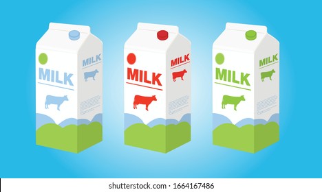 Vector Isolated illustration of different color Milk Boxes. Set of icons o illustrations