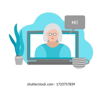 Vector isolated illustration with display of laptop and elderly woman on screen. Online chat with family and friends, or find love on dating sites and apps. Flat style. Technologies for senior persons