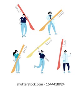 Vector isolated illustration of doctor holding toothbrush. Concept of tooth cleaning, care and protection from tooth decay. Teeth icon. Medical banner or poster illustration. Oral Health