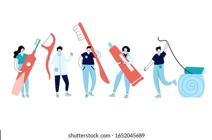 Vector isolated illustration of doctors holding tooth aids. Concept of tooth cleaning, care and protection from tooth decay. Teeth icon. Medical banner or poster illustration. Oral Health
