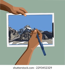 Vector isolated illustration of drawing process. A man draws a mountain landscape. Studying at an art school. Illustrator's work. Drawing lessons.
