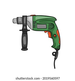 Vector isolated illustration of drill, construction tool in green and orange color in hand drawn style. Image in trendy flat style for printing, logos and corporate identity.