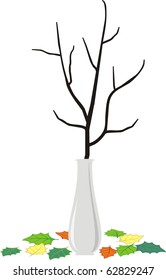Vector isolated illustration - Dry branch of the tree in an elegant white vase and fallen down leaves - cartoon style