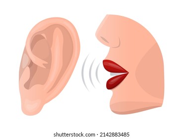 Ilustración aislada de vectores con una oreja y labios susurrando en ella. El concepto de espionaje, chisme, consejo, secreto. Puede utilizar el elemento en diseño web, banners, etc.