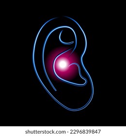 Vector isolated illustration of earache. Neon contour drawing of the ear. Ear diseases. Diagnosis of the disease. Otitis. Otolaryngologist.