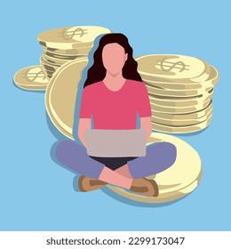 Vector isolated illustration of earning money on the internet. Earnings of a freelancer. A girl with a laptop sits on coins. Financial success.