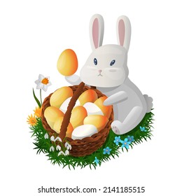 Vector isolated illustration of an Easter bunny with a wicker basket and eggs. The concept of celebrating and congratulating Easter. You can use the element in web design, postcards, banners, etc.