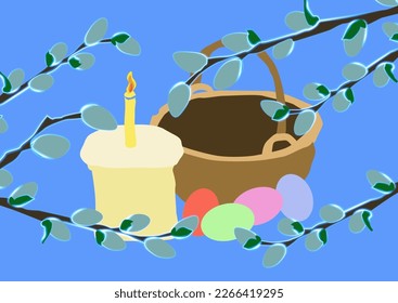Vector isolated illustration of Easter card. Belt with eggshells and willow twigs.