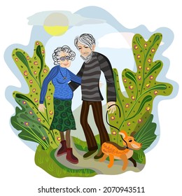 Vector isolated illustration of elderly couple, walking in the park with a dog. Family concept.